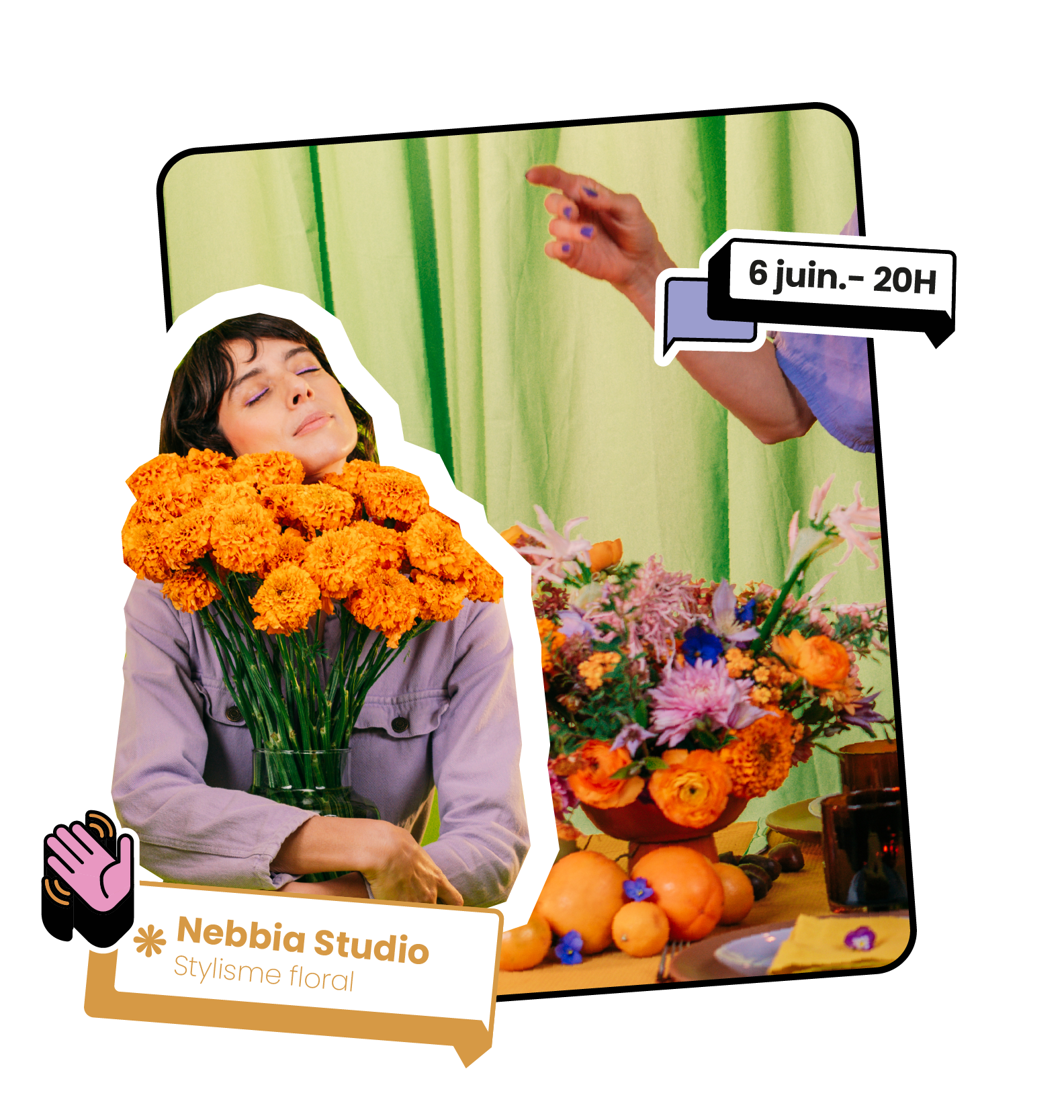 héliocast émission design portrait de Nebbia femme blanche qui porte un bouquet de fleur orange sur un fond rideau vert anis